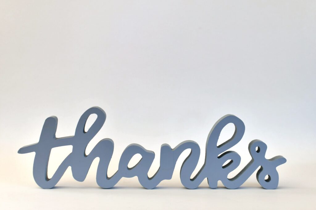 Thanks! A blue gray THANKS sign on a white background.